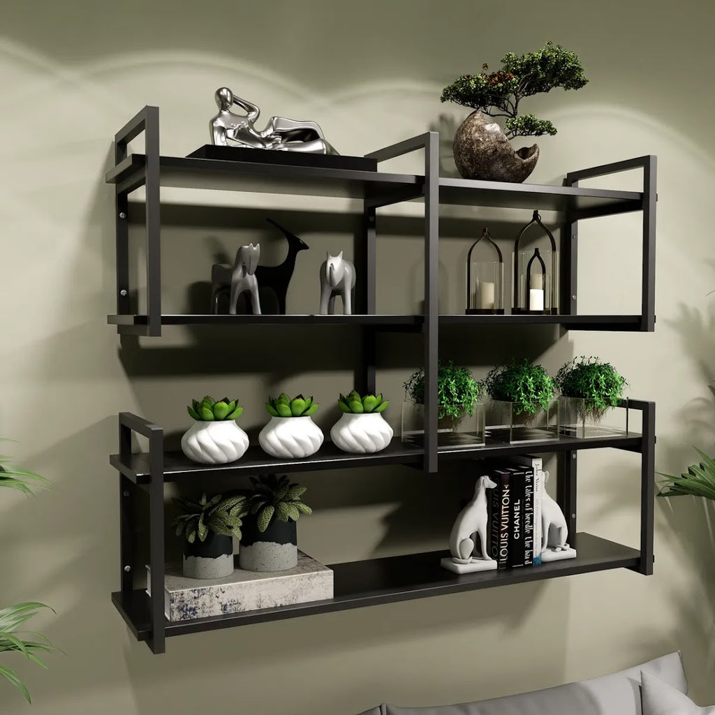 Modern home decor. Wall shelves with metal frames and wooden shelves; countertops