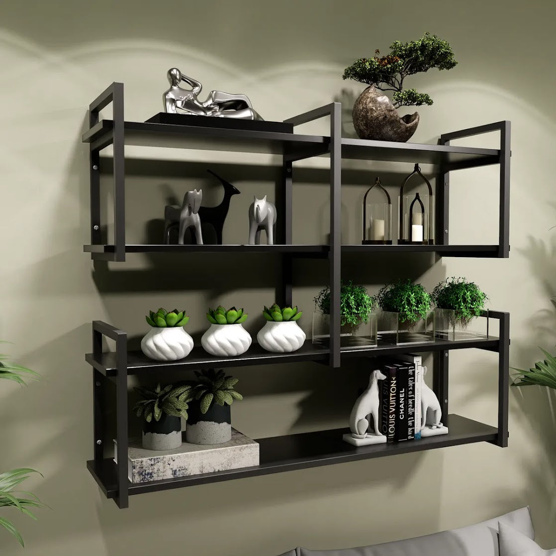 Modern home decor. Wall shelves with metal frames and wooden shelves; countertops
