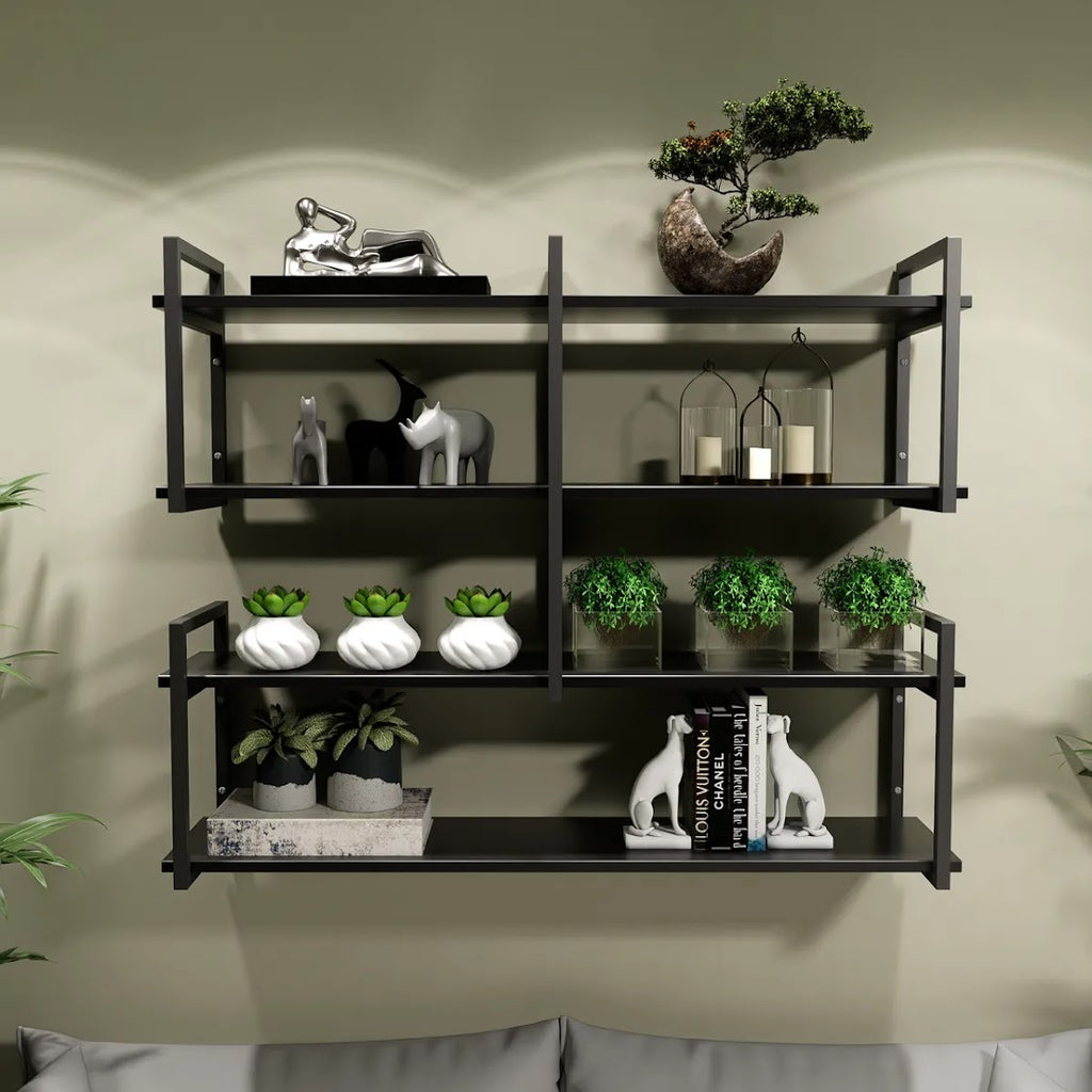Modern home decor. Wall shelves with metal frames and wooden shelves; countertops