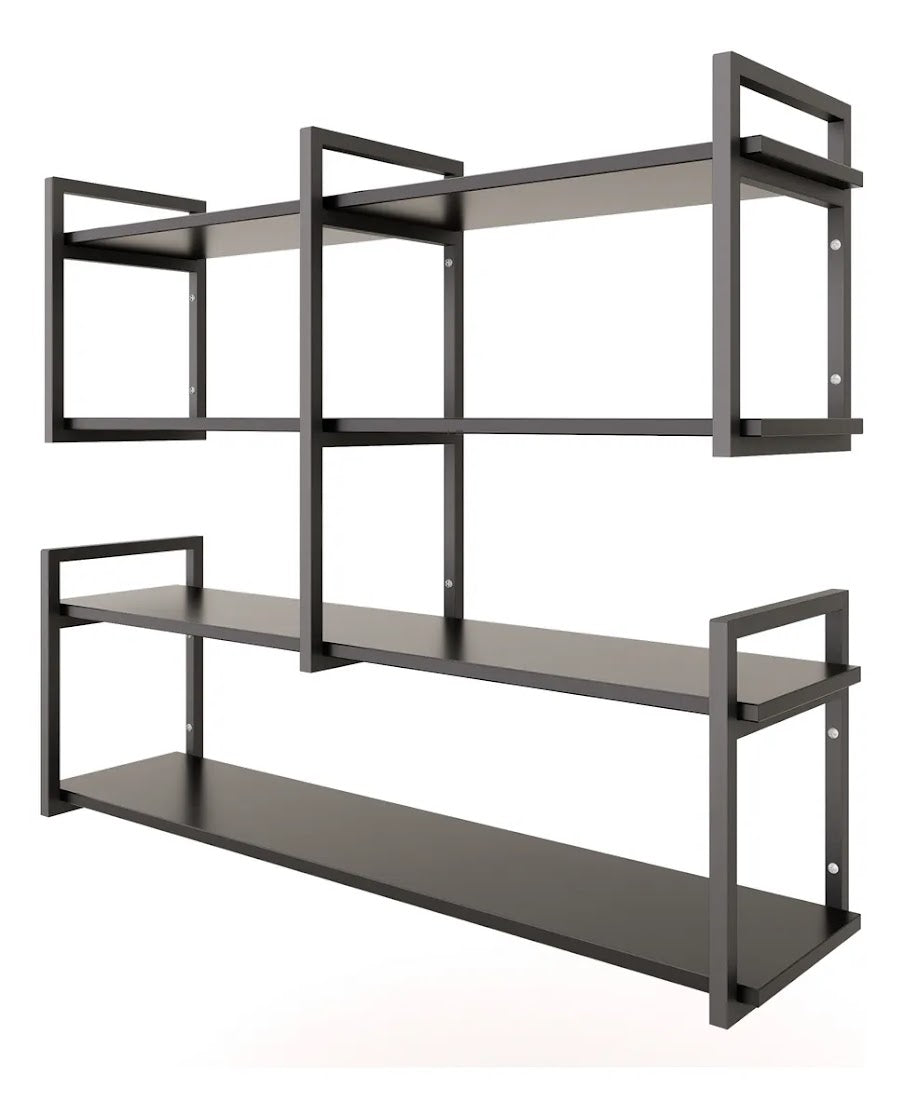 Modern home decor. Wall shelves with metal frames and wooden shelves; countertops