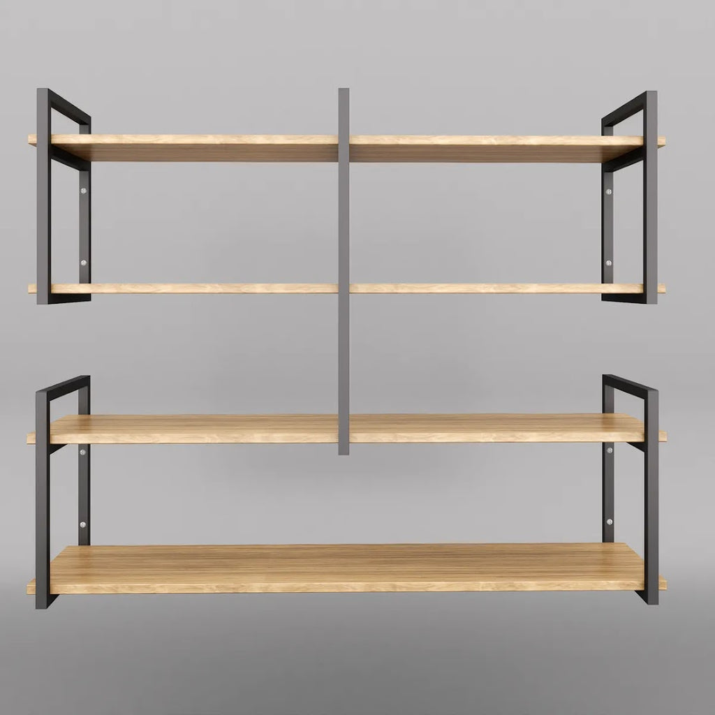 Modern home decor. Wall shelves with metal frames and wooden shelves; countertops