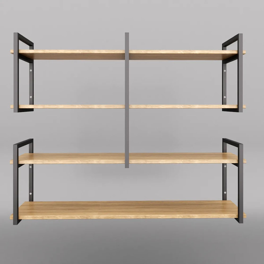 Modern home decor. Wall shelves with metal frames and wooden shelves; countertops