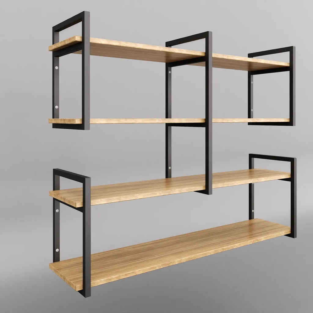 Modern home decor. Wall shelves with metal frames and wooden shelves; countertops