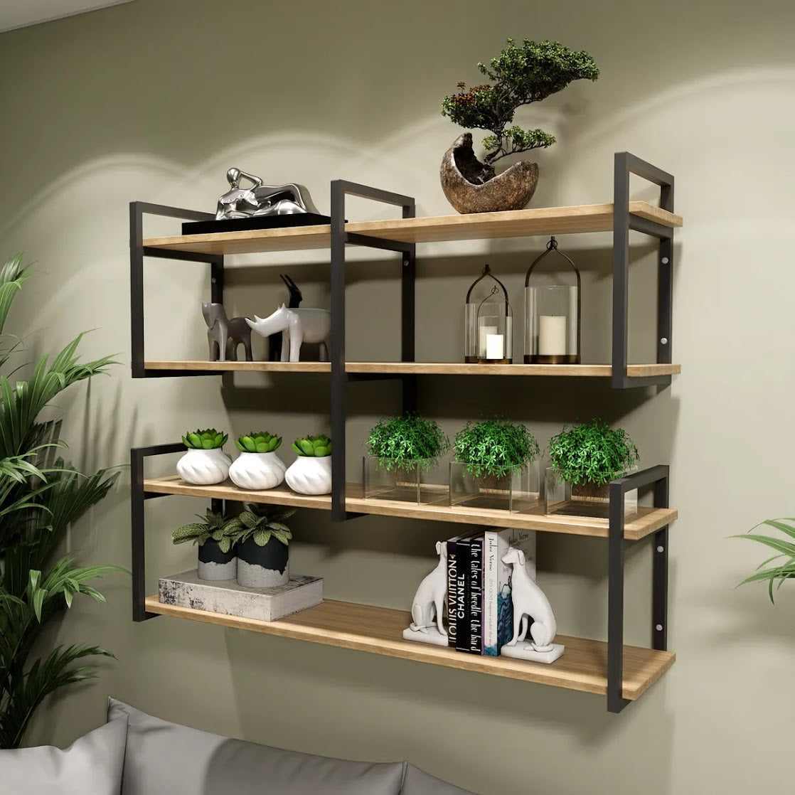 Modern home decor. Wall shelves with metal frames and wooden shelves; countertops