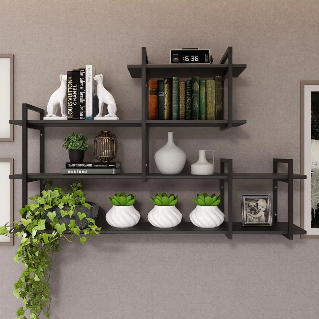 Modern home decor. Wall shelves with metal frames and wooden shelves; countertops