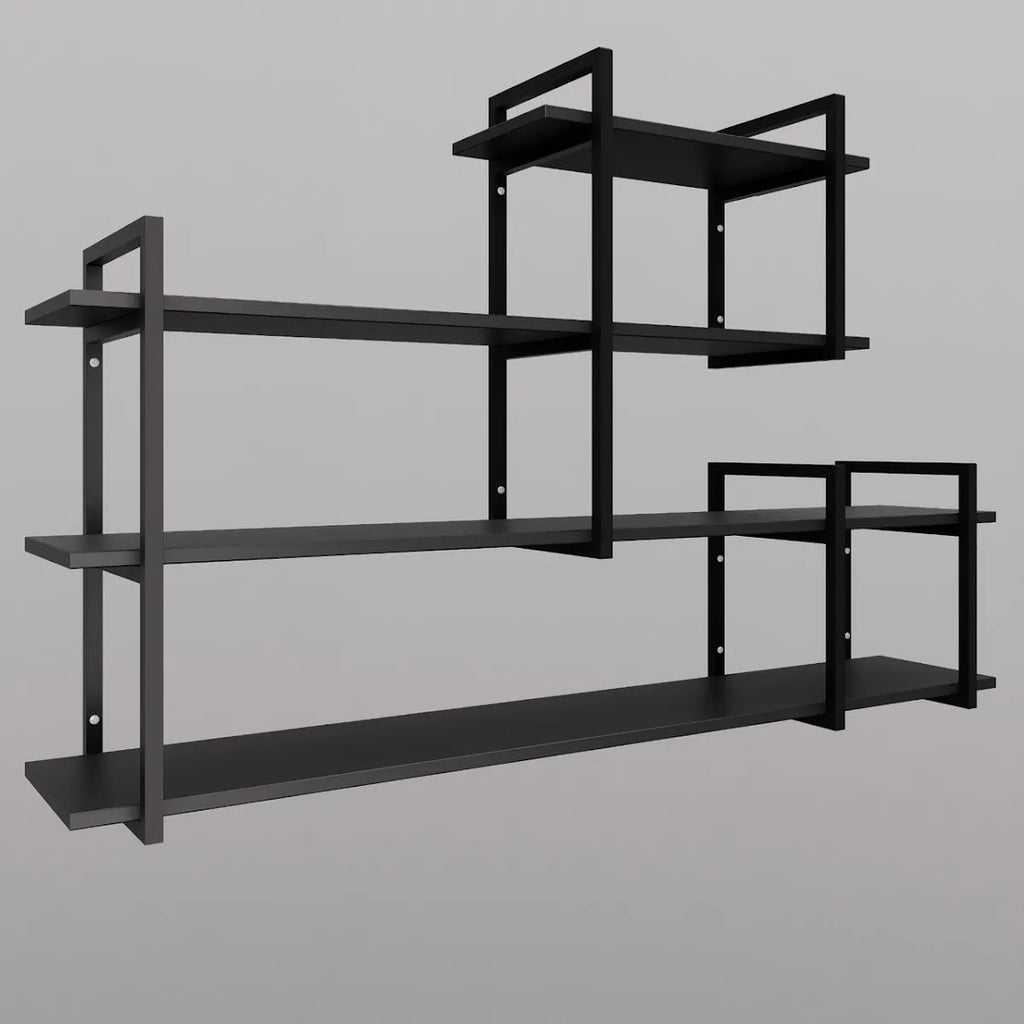 Modern home decor. Wall shelves with metal frames and wooden shelves; countertops