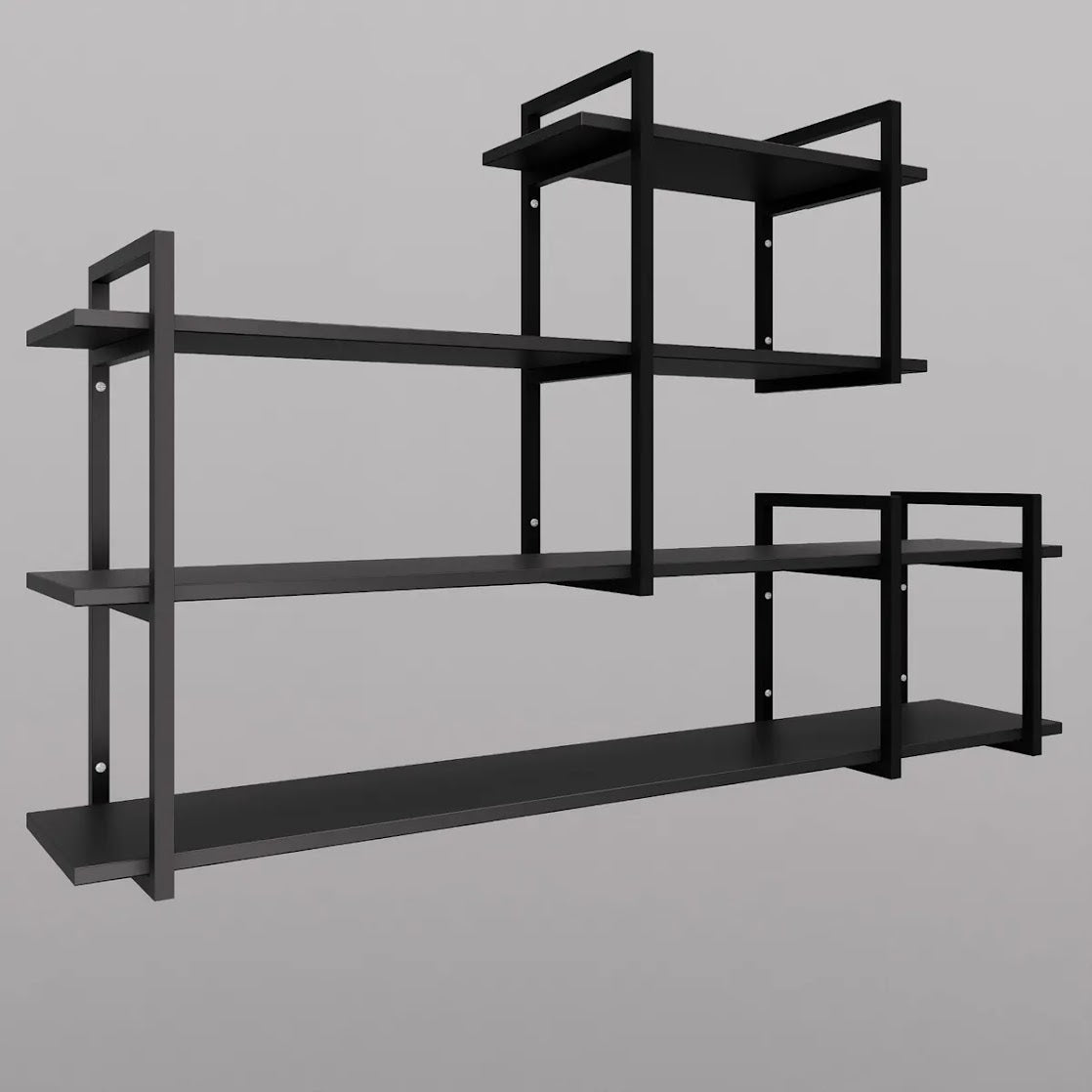 Modern home decor. Wall shelves with metal frames and wooden shelves; countertops