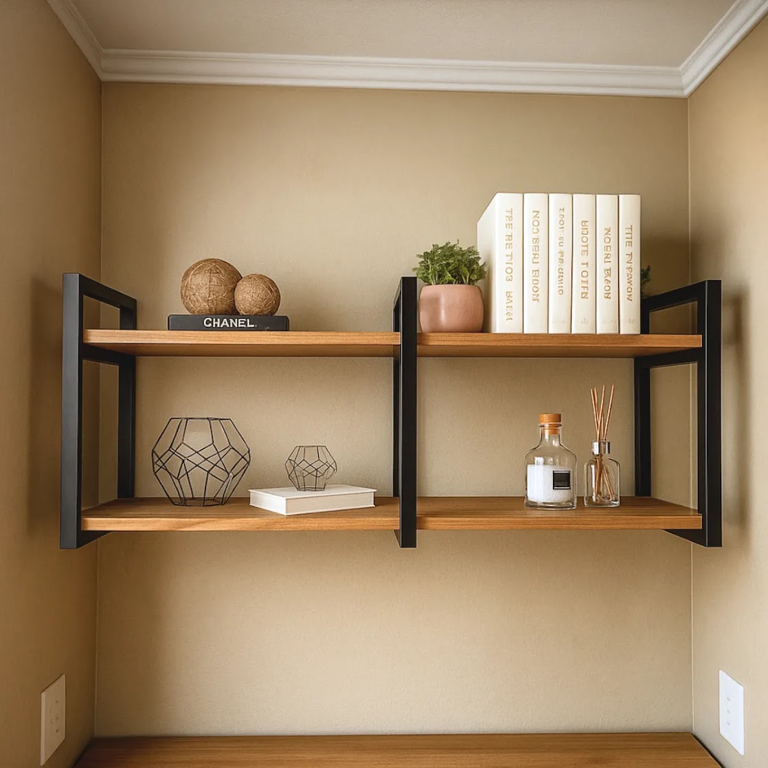 Modern wall shelf unit made of metal and plywood – contemporary multi-shelf design