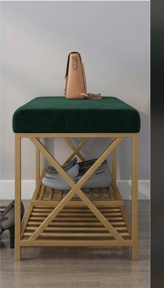 Long Shoe Bench with Storage 150×40×50 cm – Satin Gold Frame & Dark Green Seat