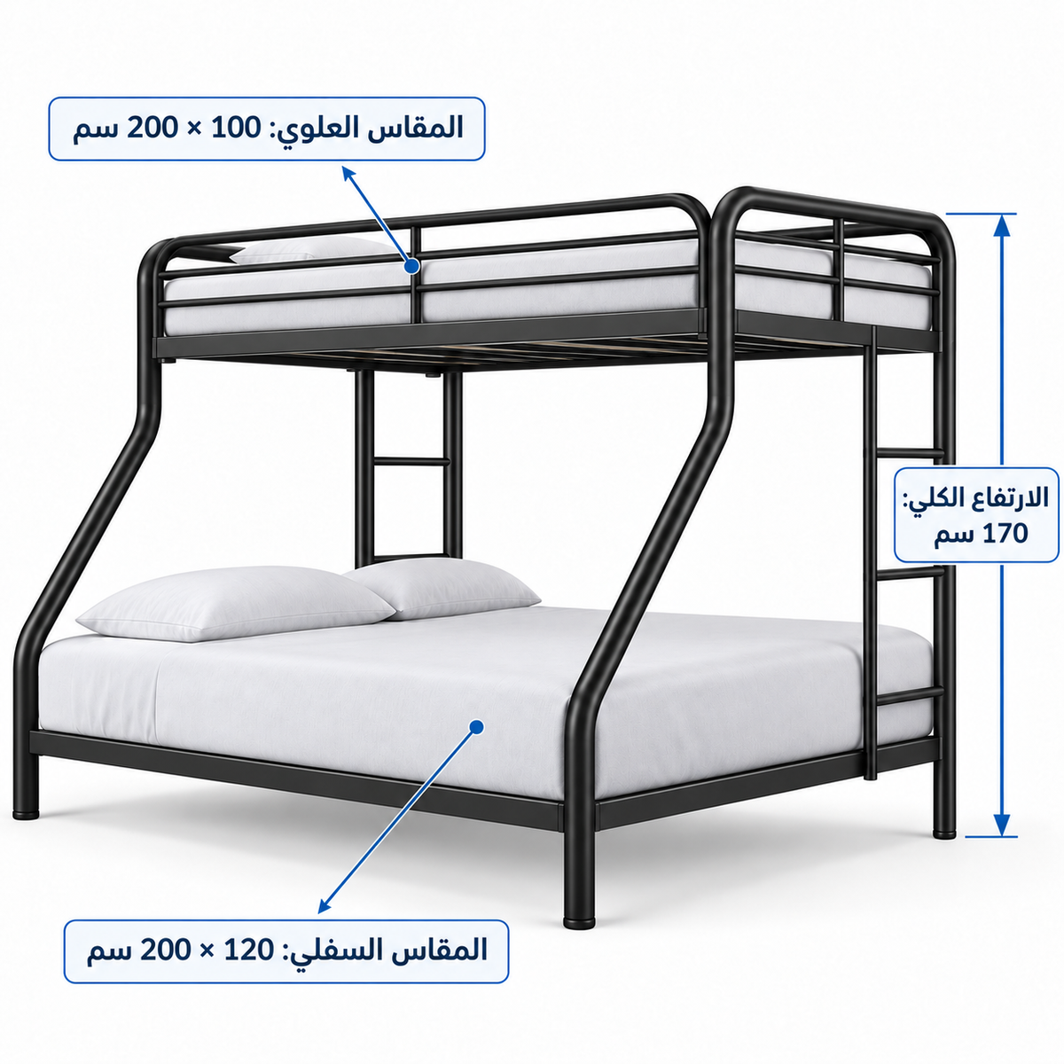 رسم هندسي لسرير دورين معدن أسود من LION HOME – علوي 100×200 سم وسفلي 120×200 سم وارتفاع كلي 170 سم