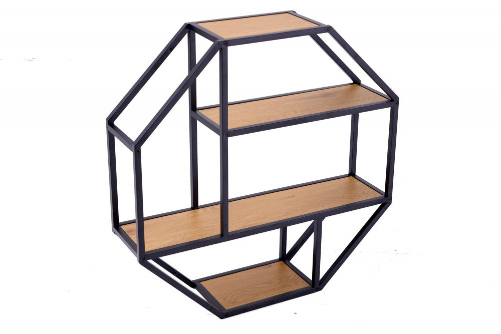 Decorative hexagonal wall shelf made of metal and wood | Modern geometric design for contemporary homes