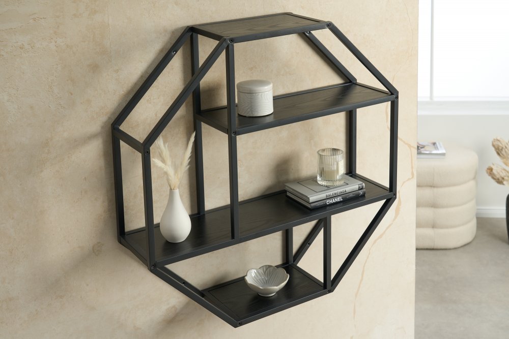 Decorative hexagonal wall shelf made of metal and wood | Modern geometric design for contemporary homes