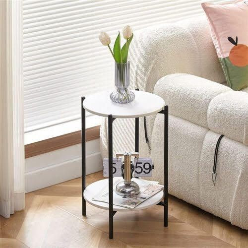 Round Side Table 40cm - Metal Frame & Marble Wood Top - 2 Tier Modern Design - Black | Lion Home