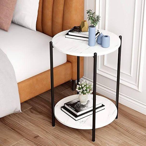 Round Side Table 40cm - Metal Frame & Marble Wood Top - 2 Tier Modern Design - Black | Lion Home