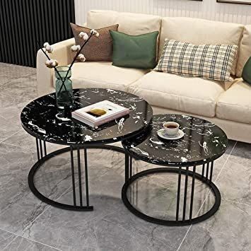 Set of 2 Round Coffee Tables - Metal Frame & Marble Wood Top - Modern Nesting Tables | Lion Home
