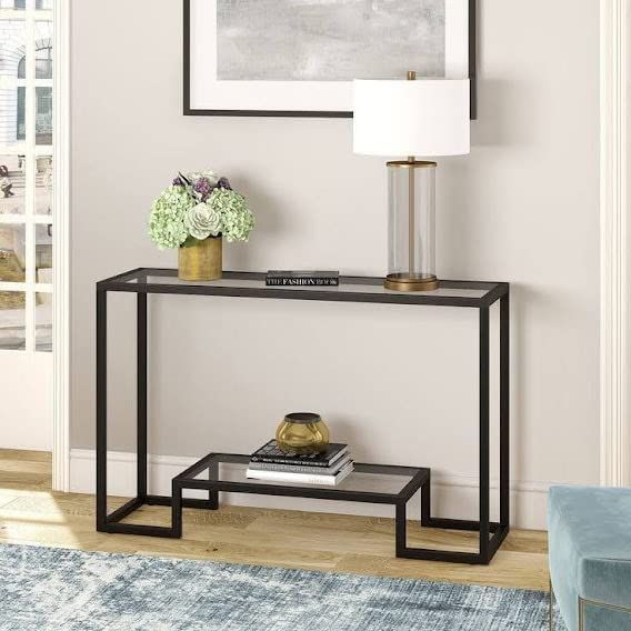 Console Table 115cm - Black Metal Frame & Glass Top - Modern Entryway Table | Lion Home