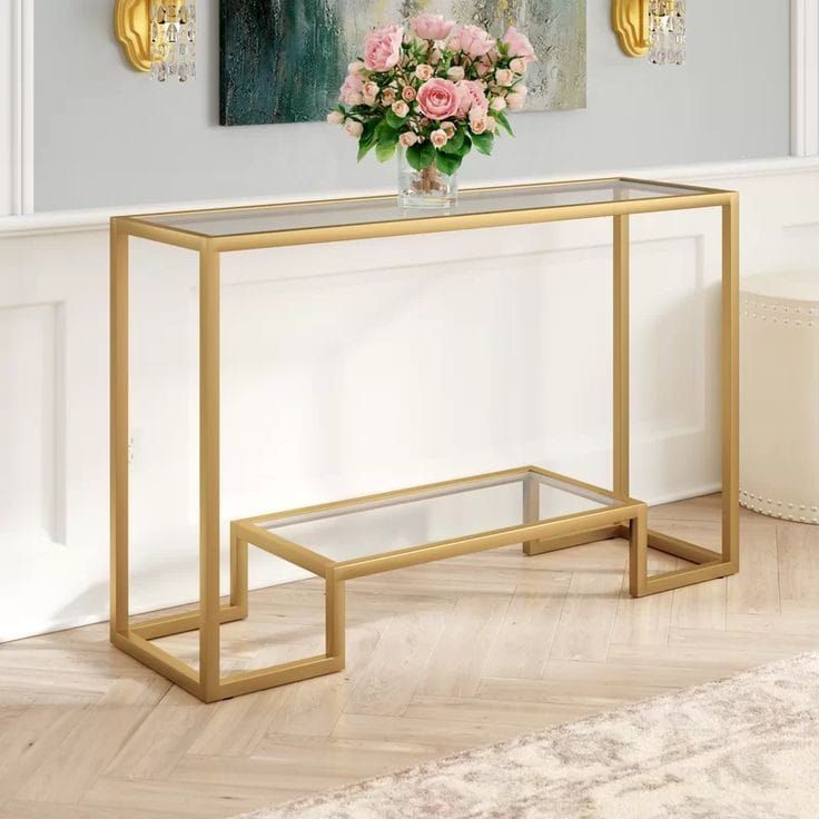 Console Table 115cm - Gold Metal Frame & Glass Top - Modern Entryway Table | Lion Home