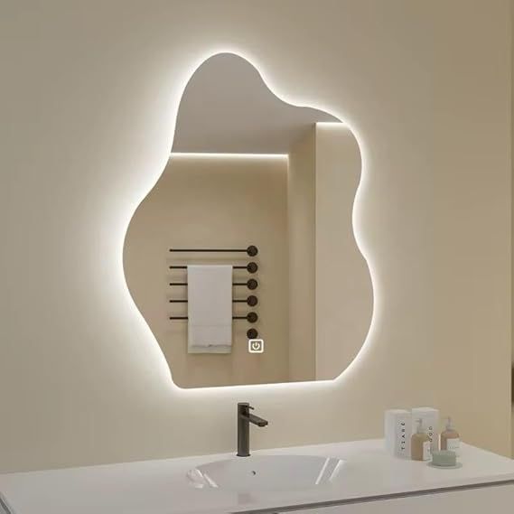 Smart wall mirror with LED touch lighting, frameless polished finish, anti-fog bathroom mirror with 3 adjustable lighting modes (warm, neutral, and white), dimmable brightness, and memory function, 95 x 75 cm