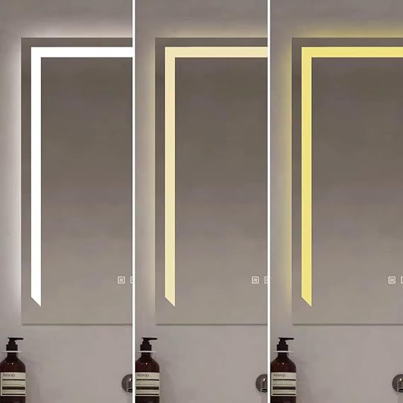 Smart LED touch wall mirror, 80x60cm - Anti-fog heated bathroom mirror with digital clock and temperature display, 3 adjustable lighting modes (warm, neutral, cool), modern frameless design