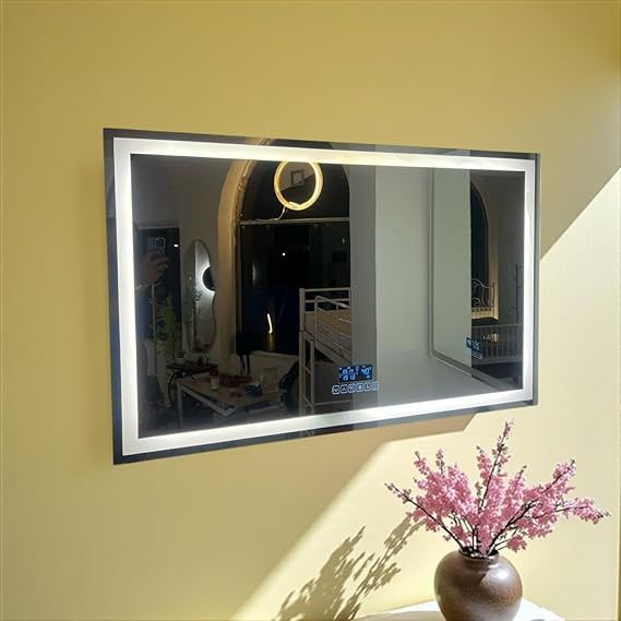 Smart Bluetooth wall mirror, 100x65cm – Anti-steam bathroom mirror with touch control, built-in heater, speaker, digital clock, temperature display, with 3 adjustable lighting modes, frameless
