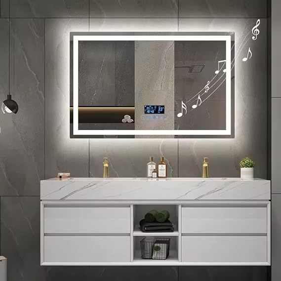 Smart Bluetooth wall mirror, 100x65cm – Anti-steam bathroom mirror with touch control, built-in heater, speaker, digital clock, temperature display, with 3 adjustable lighting modes, frameless