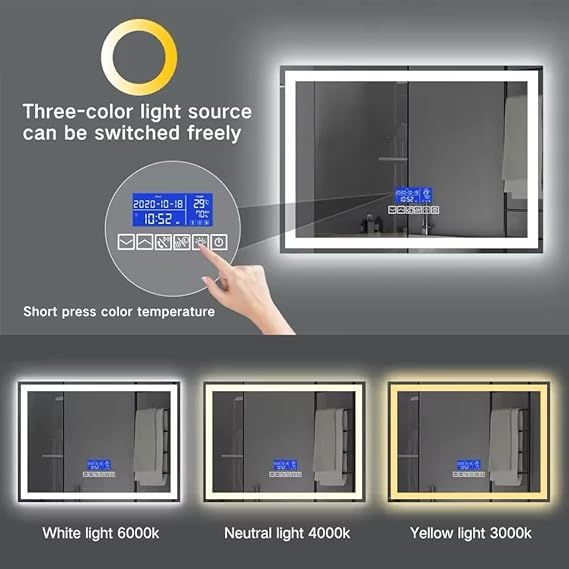 Smart Bluetooth wall mirror, 100x65cm – Anti-steam bathroom mirror with touch control, built-in heater, speaker, digital clock, temperature display, with 3 adjustable lighting modes, frameless