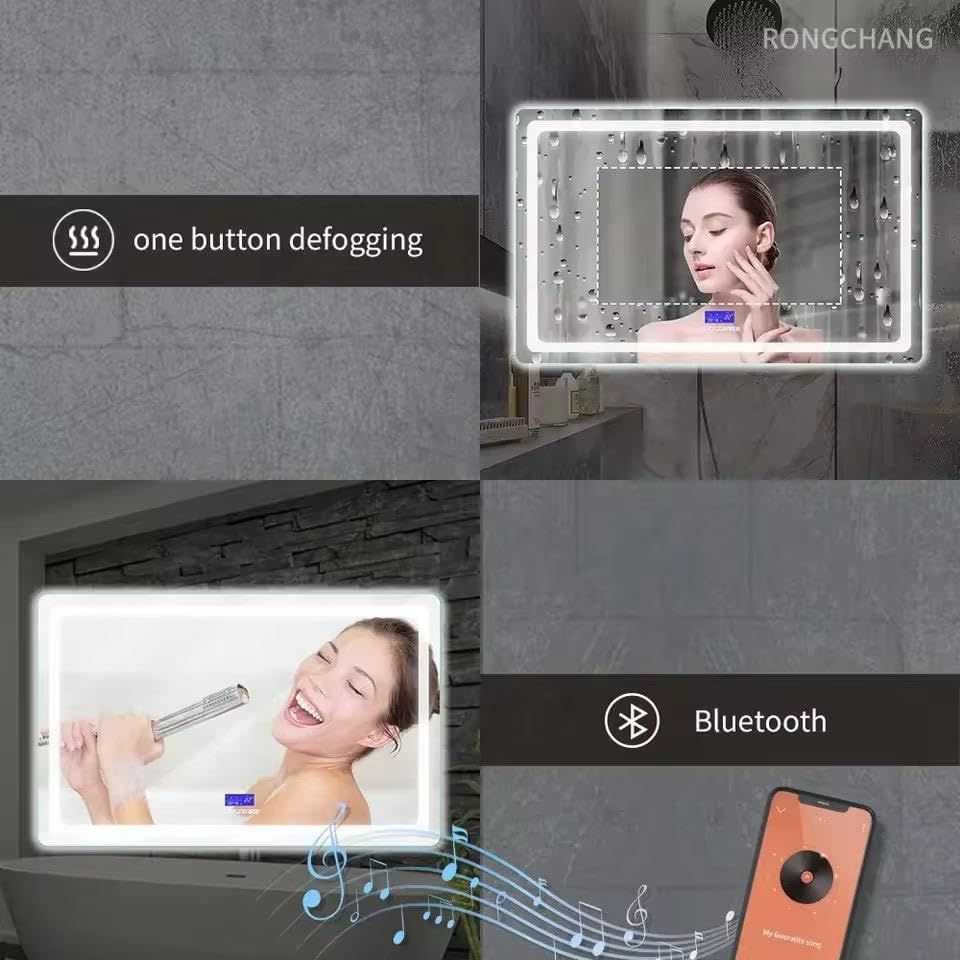 Smart Bluetooth wall mirror, 100x65cm – Anti-steam bathroom mirror with touch control, built-in heater, speaker, digital clock, temperature display, with 3 adjustable lighting modes, frameless