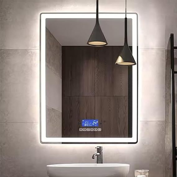 Bluetooth Smart LED Wall Mirror - Heat-resistant and anti-fog bathroom mirror with touch control, built-in speaker, digital clock, date and temperature display, 3 lighting modes, modern frameless design, 90x70cm