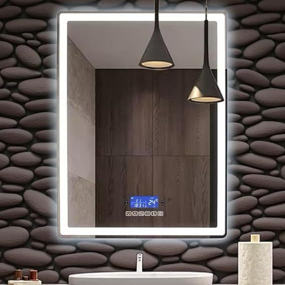 Bluetooth Smart LED Wall Mirror - Heat-resistant and anti-fog bathroom mirror with touch control, built-in speaker, digital clock, date and temperature display, 3 lighting modes, modern frameless design, 90x70cm