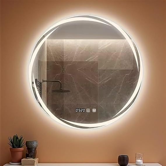 Smart touch wall mirror with LED light, anti-fog heater, digital clock and temperature display, 3 adjustable lighting colors - warm, white, neutral - modern bathroom mirror 70 x 70 cm