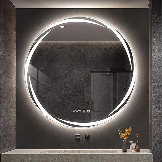 Smart touch wall mirror with LED light, anti-fog heater, digital clock and temperature display, 3 adjustable lighting colors - warm, white, neutral - modern bathroom mirror 70 x 70 cm