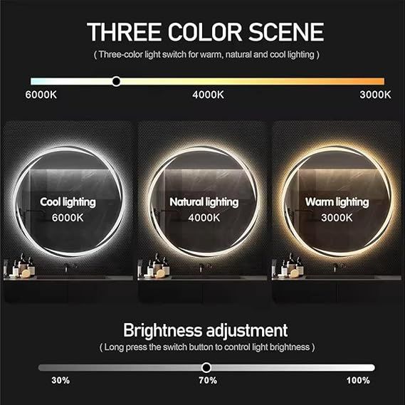 Smart touch wall mirror with LED light, anti-fog heater, digital clock and temperature display, 3 adjustable lighting colors - warm, white, neutral - modern bathroom mirror 70 x 70 cm