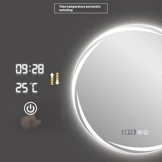 Smart touch wall mirror with LED light, anti-fog heater, digital clock and temperature display, 3 adjustable lighting colors - warm, white, neutral - modern bathroom mirror 70 x 70 cm