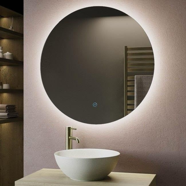 Luxury round bathroom mirror with LED lighting. This backlit mirror features three color temperatures, touch control, and anti-fog functionality. A luxurious round mirror for modern bathrooms, 70 cm in size.