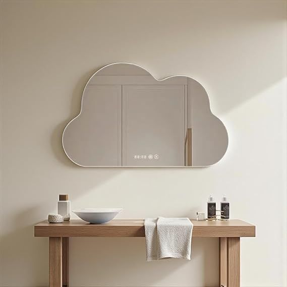 Cloud-shaped LED mirror with digital display, smart bathroom mirror with touch control, anti-fog, time/temperature display, dimmable lighting for modern bathrooms and children's rooms