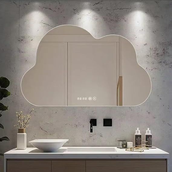 Cloud-shaped LED mirror with digital display, smart bathroom mirror with touch control, anti-fog, time/temperature display, dimmable lighting for modern bathrooms and children's rooms