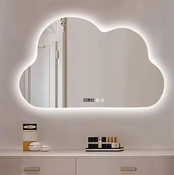 Cloud-shaped LED mirror with digital display, smart bathroom mirror with touch control, anti-fog, time/temperature display, dimmable lighting for modern bathrooms and children's rooms