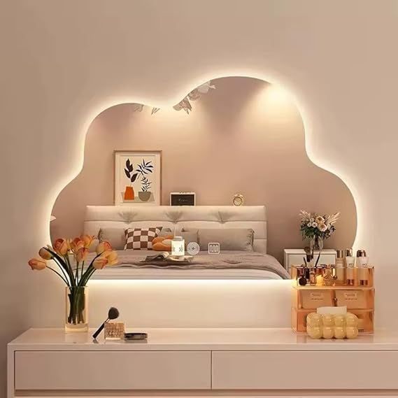 Cloud-shaped LED mirror with digital display, smart bathroom mirror with touch control, anti-fog, time/temperature display, dimmable lighting for modern bathrooms and children's rooms