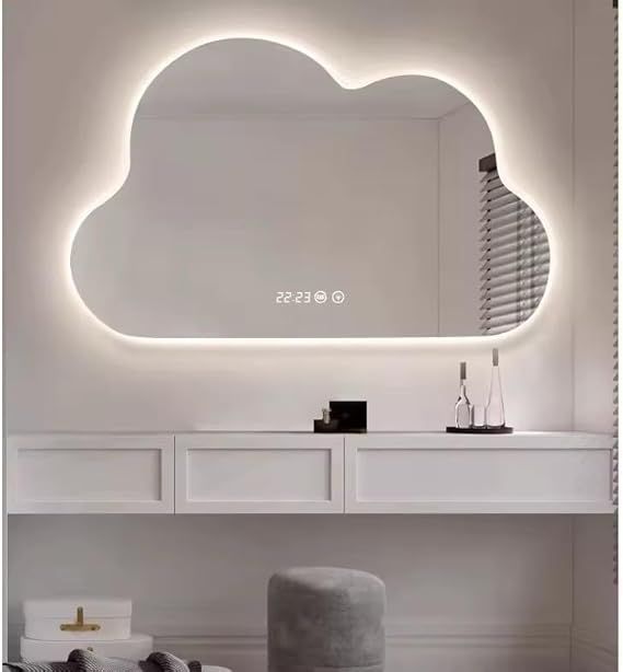 Cloud-shaped LED mirror with digital display, smart bathroom mirror with touch control, anti-fog, time/temperature display, dimmable lighting for modern bathrooms and children's rooms