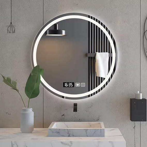 Smart touch-operated wall mirror with digital clock, temperature display, 3 adjustable lighting colors (warm/eco/cool), frameless motor by Leon Home, 70 x 70 cm