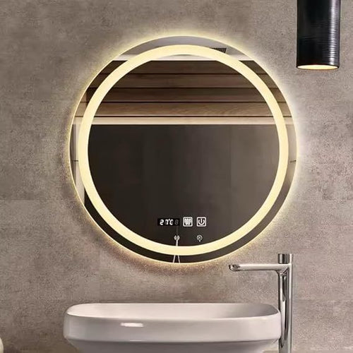 "Leon Home" smart touch-controlled wall mirror, featuring a digital clock and temperature display; size 70 x 70 cm.