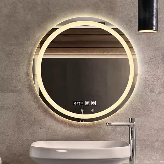 Smart touch-operated wall mirror with digital clock, temperature display, 3 adjustable lighting colors (warm/eco/cool), frameless motor by Leon Home, 70 x 70 cm