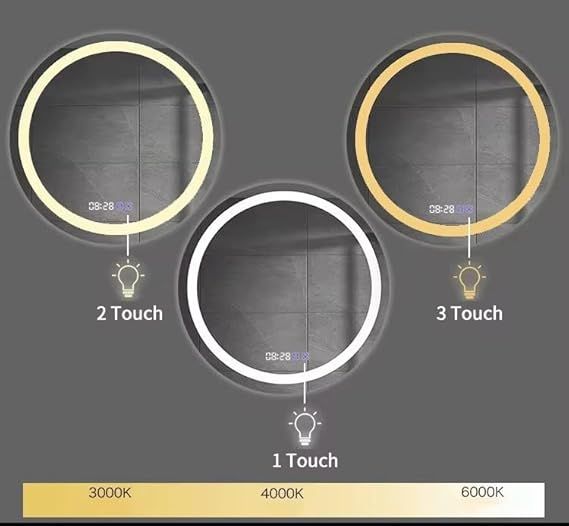 Smart touch-operated wall mirror with digital clock, temperature display, 3 adjustable lighting colors (warm/eco/cool), frameless motor by Leon Home, 70 x 70 cm