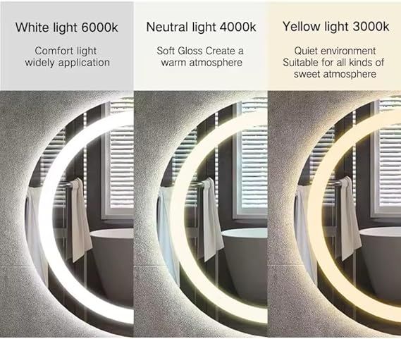 Smart touch-operated wall mirror with digital clock, temperature display, 3 adjustable lighting colors (warm/eco/cool), frameless motor by Leon Home, 70 x 70 cm