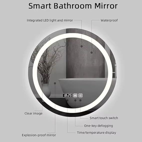 Smart touch-operated wall mirror with digital clock, temperature display, 3 adjustable lighting colors (warm/eco/cool), frameless motor by Leon Home, 70 x 70 cm