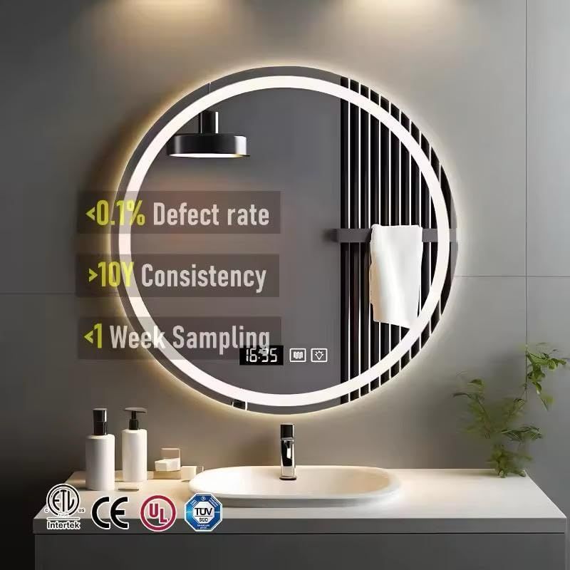 Smart touch-operated wall mirror with digital clock, temperature display, 3 adjustable lighting colors (warm/eco/cool), frameless motor by Leon Home, 70 x 70 cm
