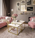 Yoshi Levanto 2-in-1 Coffee Table Set consisting of two tables with a square matte metal base and worktop, 60 x 36, 70, 42 cm, gold and Locmebiel marble.