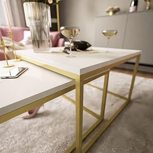 Yoshi Levanto 2-in-1 Coffee Table Set consisting of two tables with a square matte metal base and worktop, 60 x 36, 70, 42 cm, gold and Locmebiel marble.