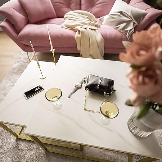 Yoshi Levanto 2-in-1 Coffee Table Set consisting of two tables with a square matte metal base and worktop, 60 x 36, 70, 42 cm, gold and Locmebiel marble.
