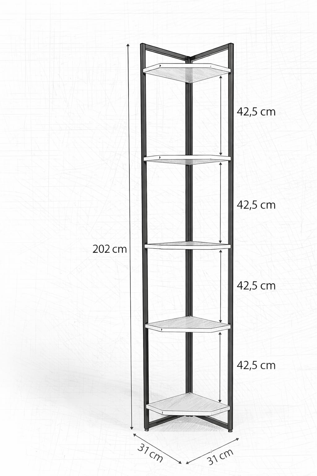 Modern corner shelving unit made of metal and plywood – 5 shelves with a stylish vertical design